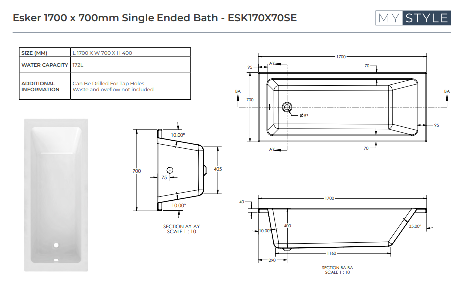 Esker 1700 Single Ended Bath - Choice of Size