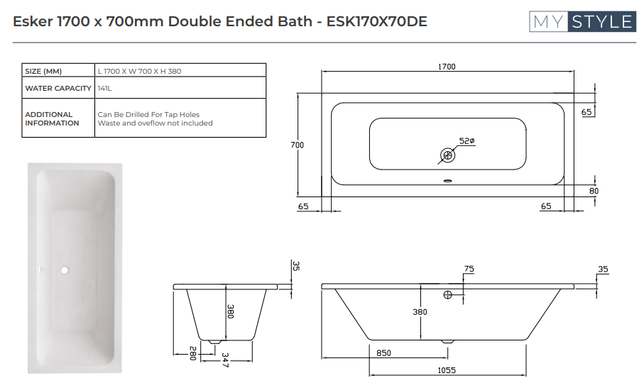 Esker Double Ended Bath - Choice of Size