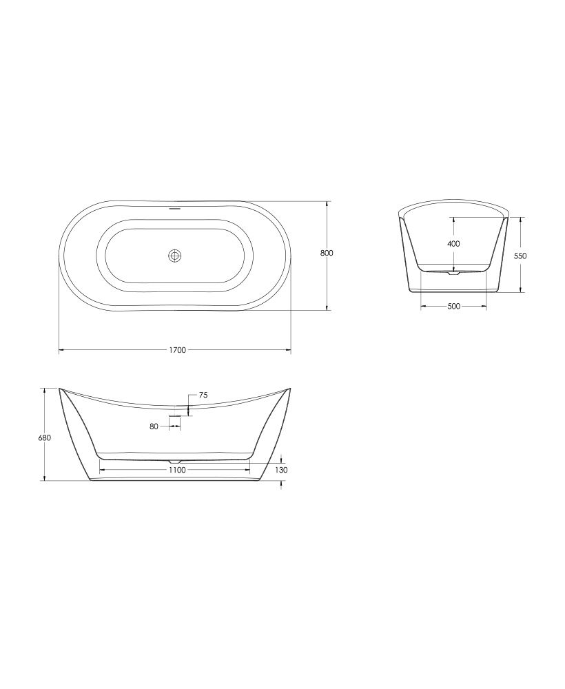 LYRA 1700x800mm Freestanding Bath White