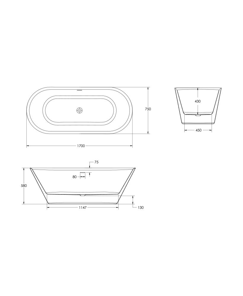 HOWE 1700x750mm Freestanding Bath White