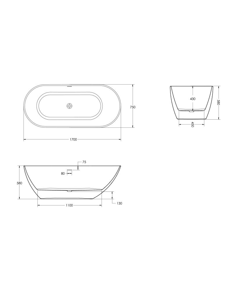 ABYSS 1700x750mm Freestanding Bath White