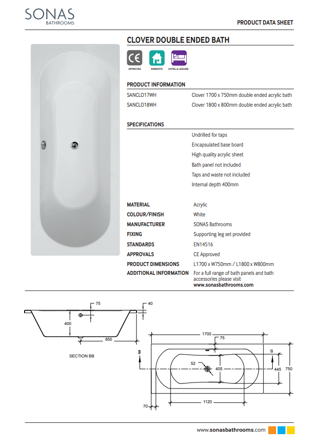 CLOVER Double Ended Bath White - Choice of Size