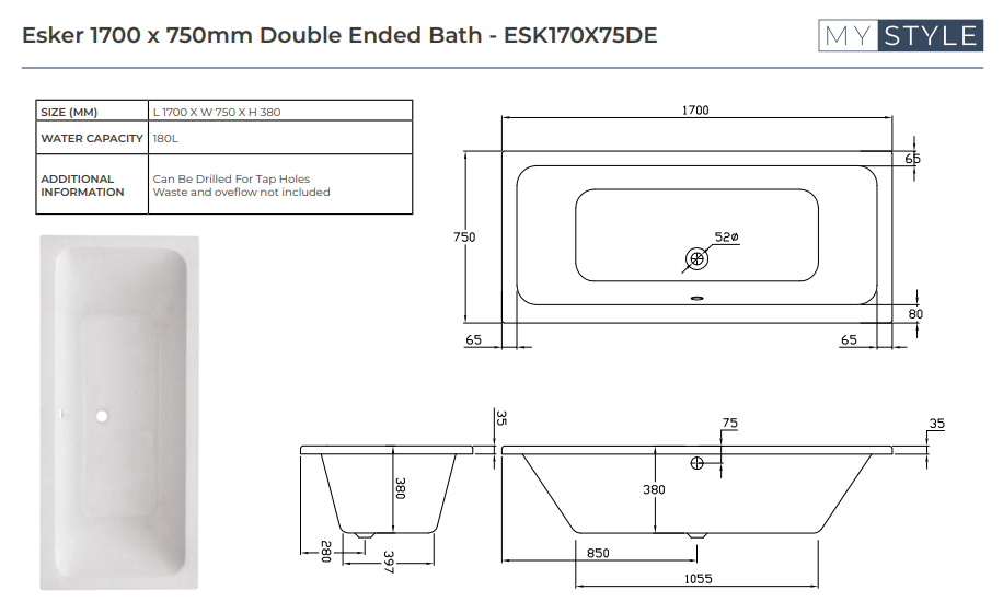 Esker Double Ended Bath - Choice of Size