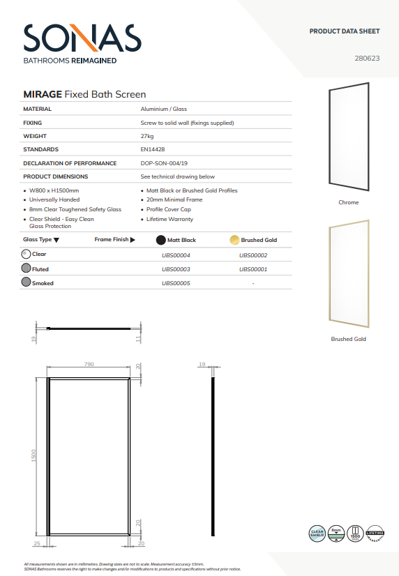 MIRAGE 800mm Fluted Glass Fixed Bath Screen - Choice of Frame Colour