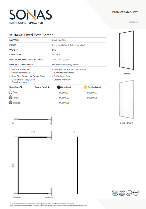MIRAGE 800mm Clear Glass Fixed Bath Screen - Choice of Frame Colour