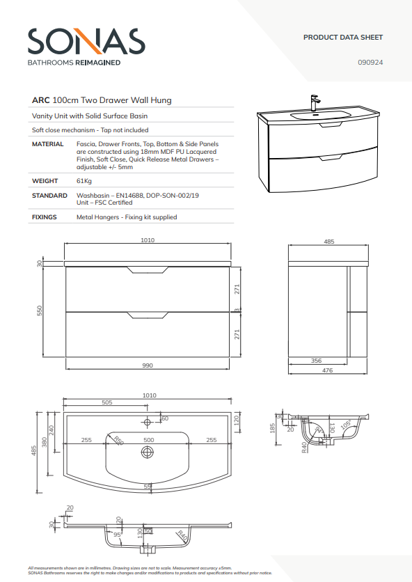 ARC Wall Hung 100cm 2 Drawer Vanity Unit - Matt Basin - Choice of Colour