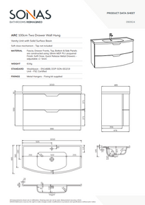 ARC Wall Hung 100cm 2 Drawer Vanity Unit - Matt Basin - Choice of Colour