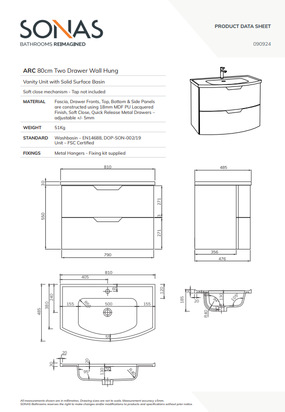 ARC Wall Hung 80cm 2 Drawer Vanity Unit - Matt Basin - Choice of Colour
