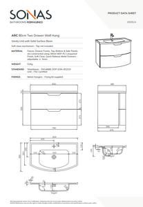 ARC Wall Hung 80cm 2 Drawer Vanity Unit - Matt Basin - Choice of Colour