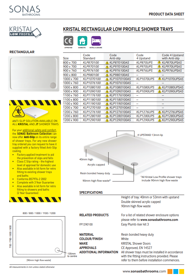KRISTAL Low Profile Rectangle W700mm No Upstand No Anti Slip Shower Tray White & Waste - Choice of Size