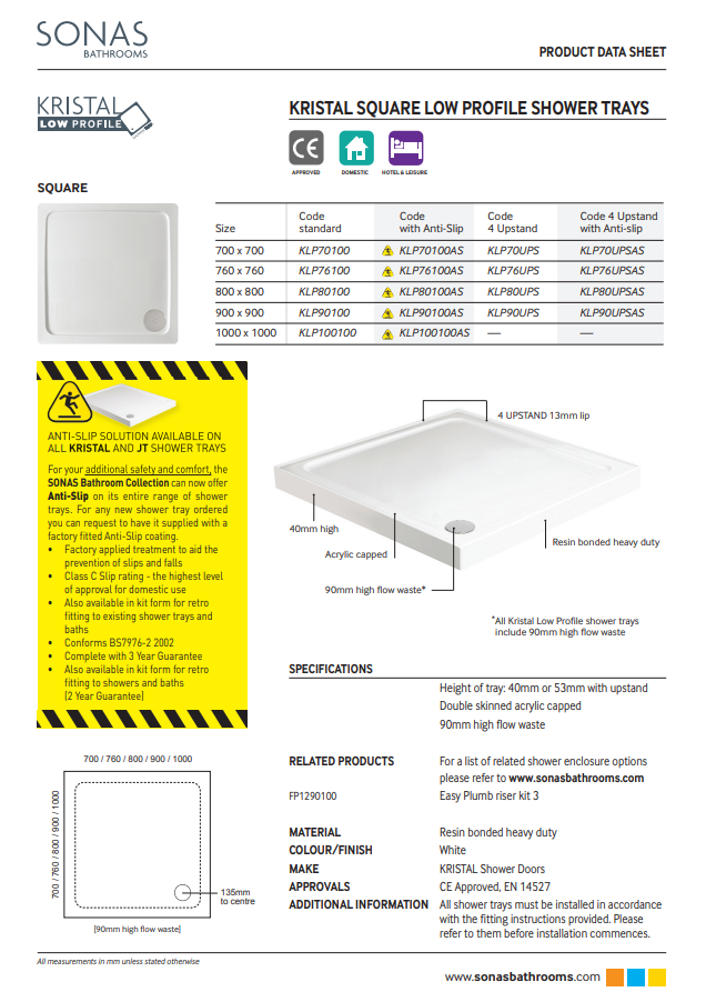KRISTAL Low Profile Square No Upstand No Anti Slip Shower Tray White & Waste - Choice of Size
