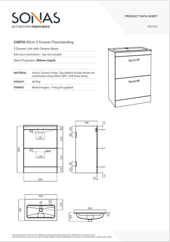 CORTA Floorstanding 60cm Two Drawer Unit - Choice of Colour - Choice of Handle