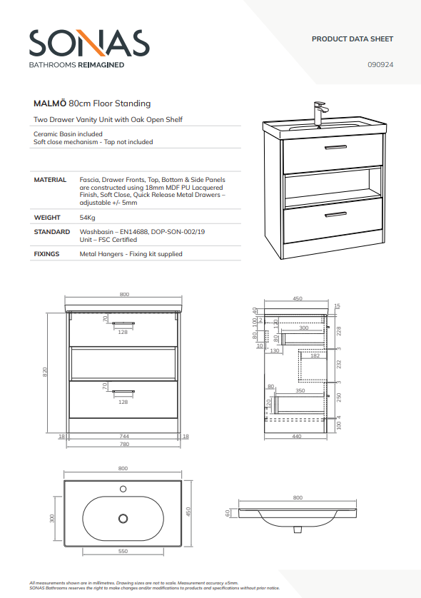MALMO Floorstanding 80cm Two Drawer Vanity Unit Gloss Basin - Choice of Colour - Choice of Handle