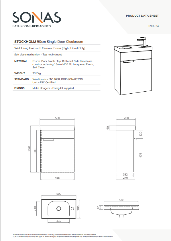 STOCKHOLM Wall Hung 50cm Single Door Cloakroom Unit - Choice of Colour - Choice of Handle