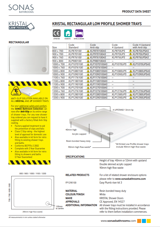 KRISTAL Low Profile Rectangle W760mm No Upstand No Anti Slip Shower Tray White & Waste - Choice of Size