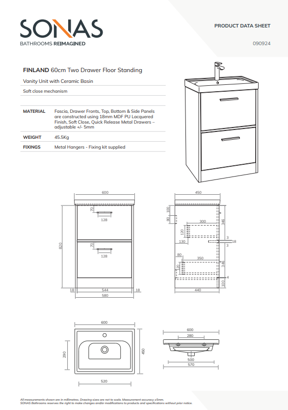FINLAND Floorstanding 60cm Two Drawer Vanity Unit - Choice of Colour - Choice of Handle