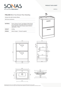 FINLAND Floorstanding 60cm Two Drawer Vanity Unit - Choice of Colour - Choice of Handle