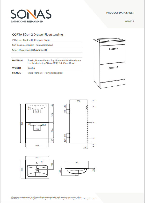 CORTA Floorstanding 50cm Two Drawer Unit - Choice of Colour - Choice of Handle
