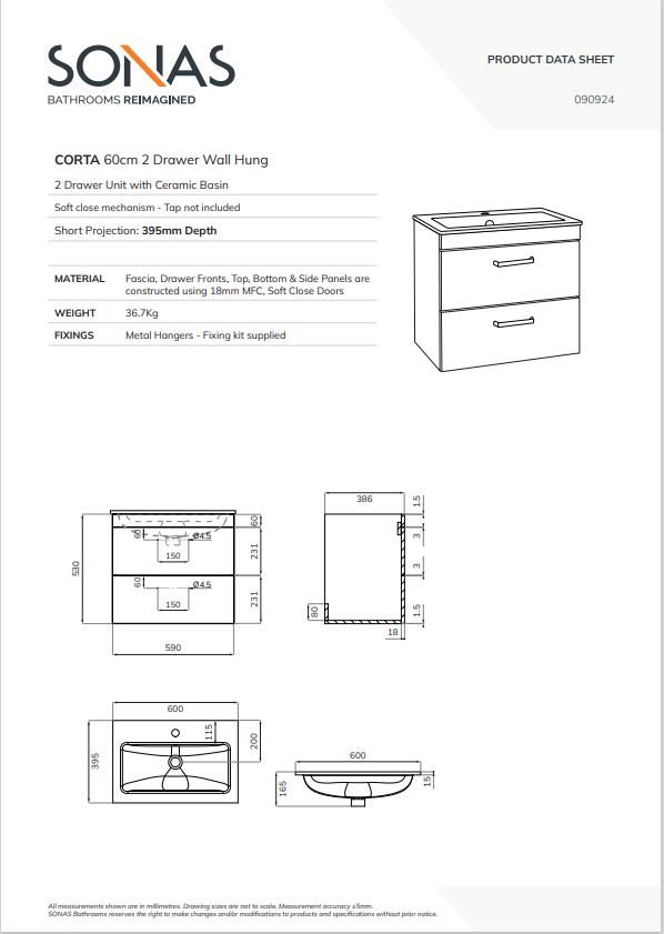 CORTA Wall Hung 60cm Two Drawer Unit - Choice of Colour - Choice of Handle