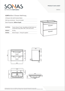 CORTA Wall Hung 60cm Two Drawer Unit - Choice of Colour - Choice of Handle