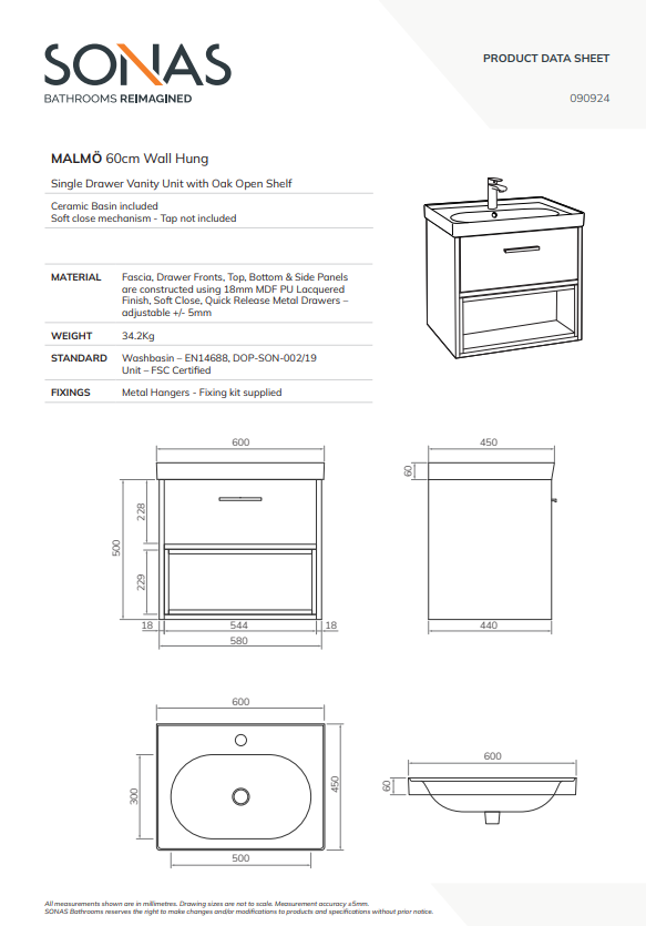 MALMO Wall Hung 60cm Single Drawer Vanity Unit Gloss Basin - Choice of Colour -Choice of Handle