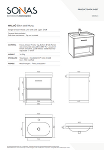 MALMO Wall Hung 60cm Single Drawer Vanity Unit Gloss Basin - Choice of Colour -Choice of Handle