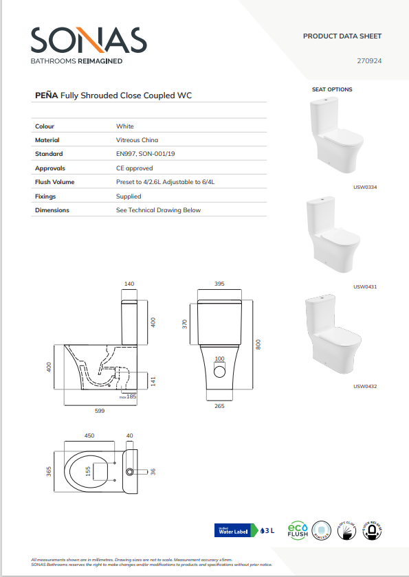 PENA Fully Shrouded Close Coupled Rimless Pan & Delta Soft Close Seat - Choice of Height -Flush Button Upgrade Available