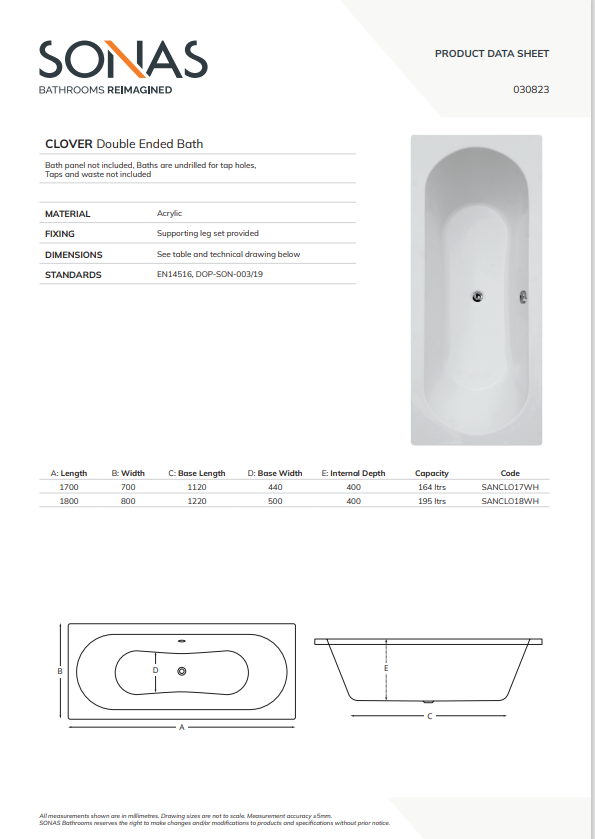 CLOVER Double Ended Bath White - Choice of Size