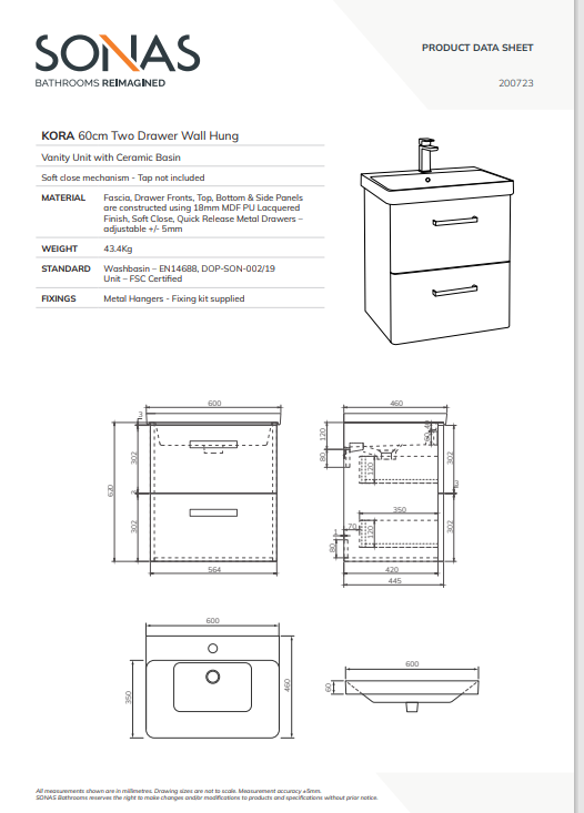 KORA Wall Hung 60cm 2 Drawer Vanity Unit - Choice of Colour - Choice of Handle
