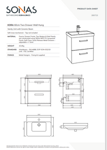 KORA Wall Hung 60cm 2 Drawer Vanity Unit - Choice of Colour - Choice of Handle