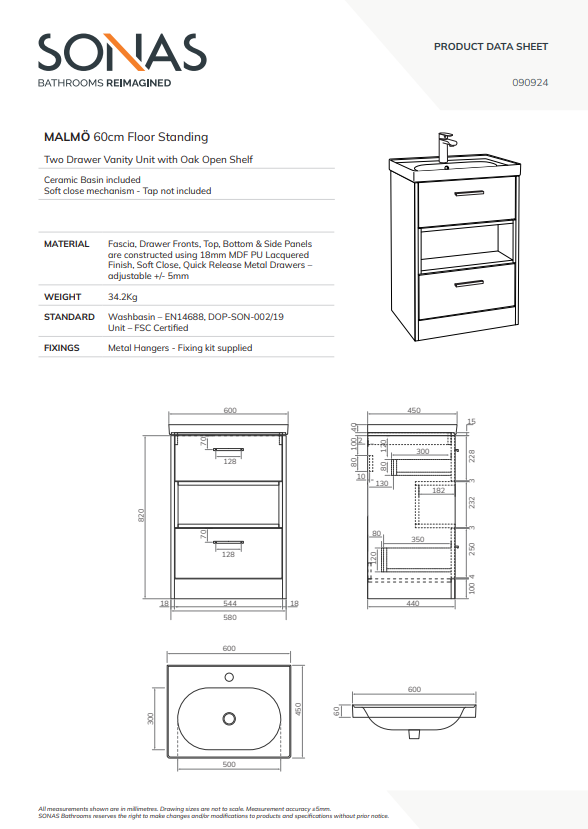 MALMO Floorstanding 60cm Two Drawer Vanity Unit Gloss Basin - Choice of Colour - Choice of Handle