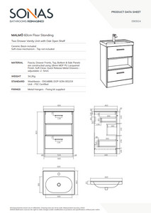 MALMO Floorstanding 60cm Two Drawer Vanity Unit Gloss Basin - Choice of Colour - Choice of Handle