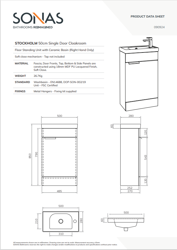 STOCKHOLM Floorstanding 50cm Single Door Cloakroom Unit - Choice of Colour - Choice of Handle