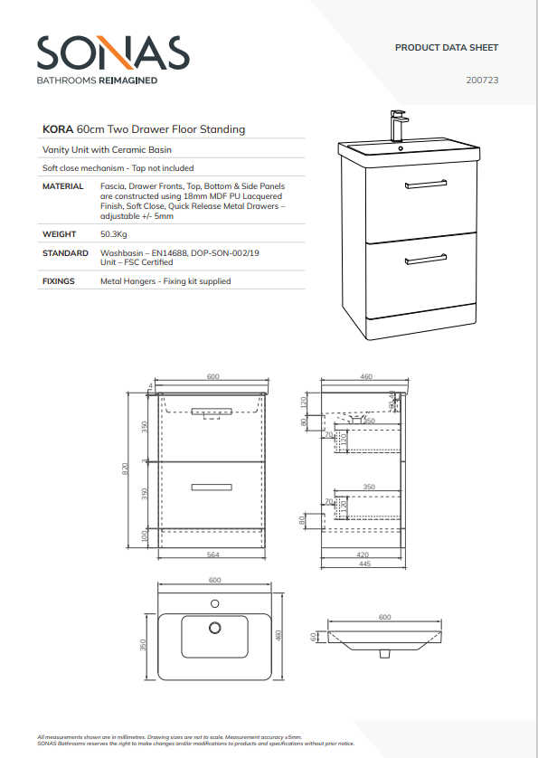 KORA Floorstanding 60cm 2 Drawer Vanity Unit - Choice of Colour - Choice of Handle