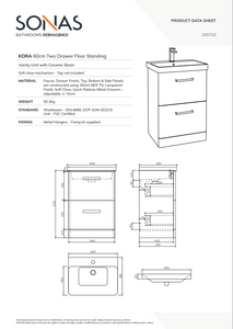 KORA Floorstanding 60cm 2 Drawer Vanity Unit - Choice of Colour - Choice of Handle