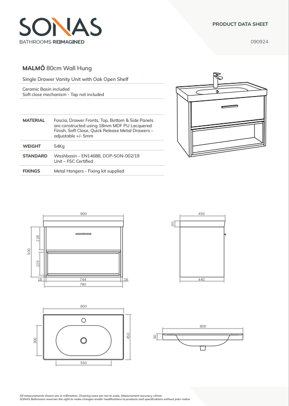 MALMO Wall Hung 80cm Single Drawer Vanity Unit Gloss Basin - Choice of Colour - Choice of Handle