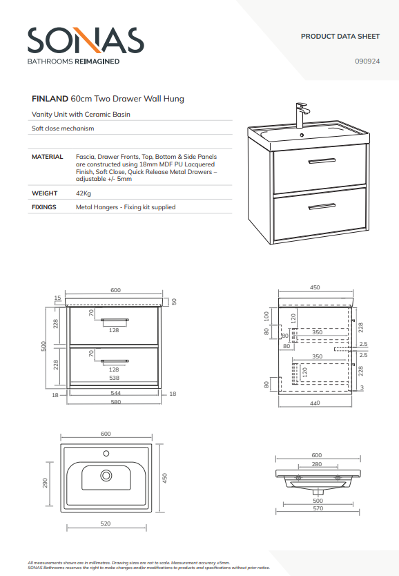 FINLAND Wall Hung 60cm Vanity Unit - Choice of Colour - Choice of Handle
