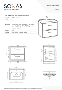 FINLAND Wall Hung 60cm Vanity Unit - Choice of Colour - Choice of Handle