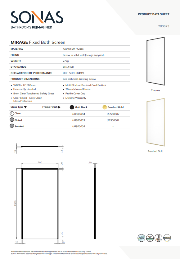 MIRAGE 800mm Matt Black Frame with Smoked Glass Fixed Bath Screen