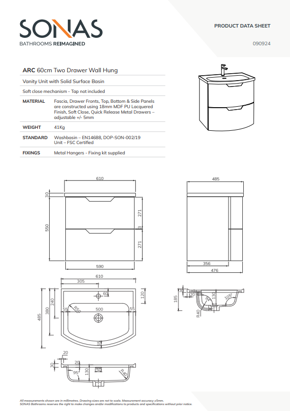 ARC Wall Hung 60cm 2 Drawer Vanity Unit - Matt Basin - Choice of Colour