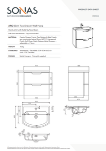 ARC Wall Hung 60cm 2 Drawer Vanity Unit - Matt Basin - Choice of Colour