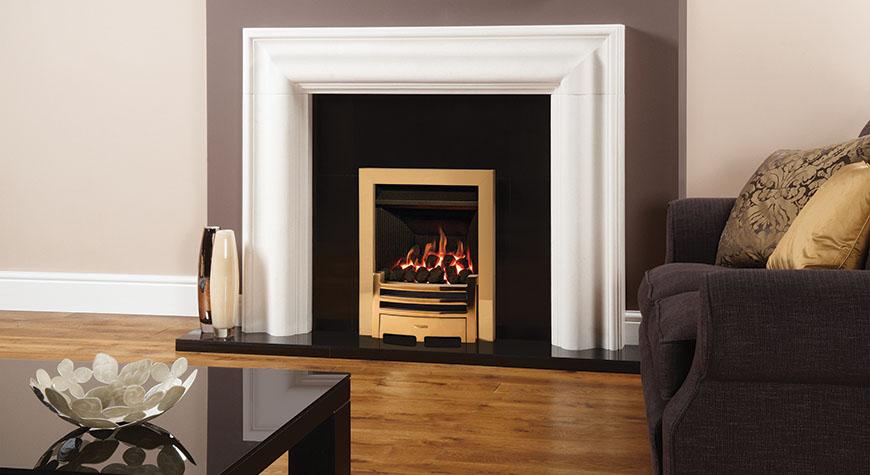 GAS FIRE -Logic HE , Arts, Brass or Chrome Effect, Conventional Flue, Logs, LPG - Sequential Thermostatic Remote Control