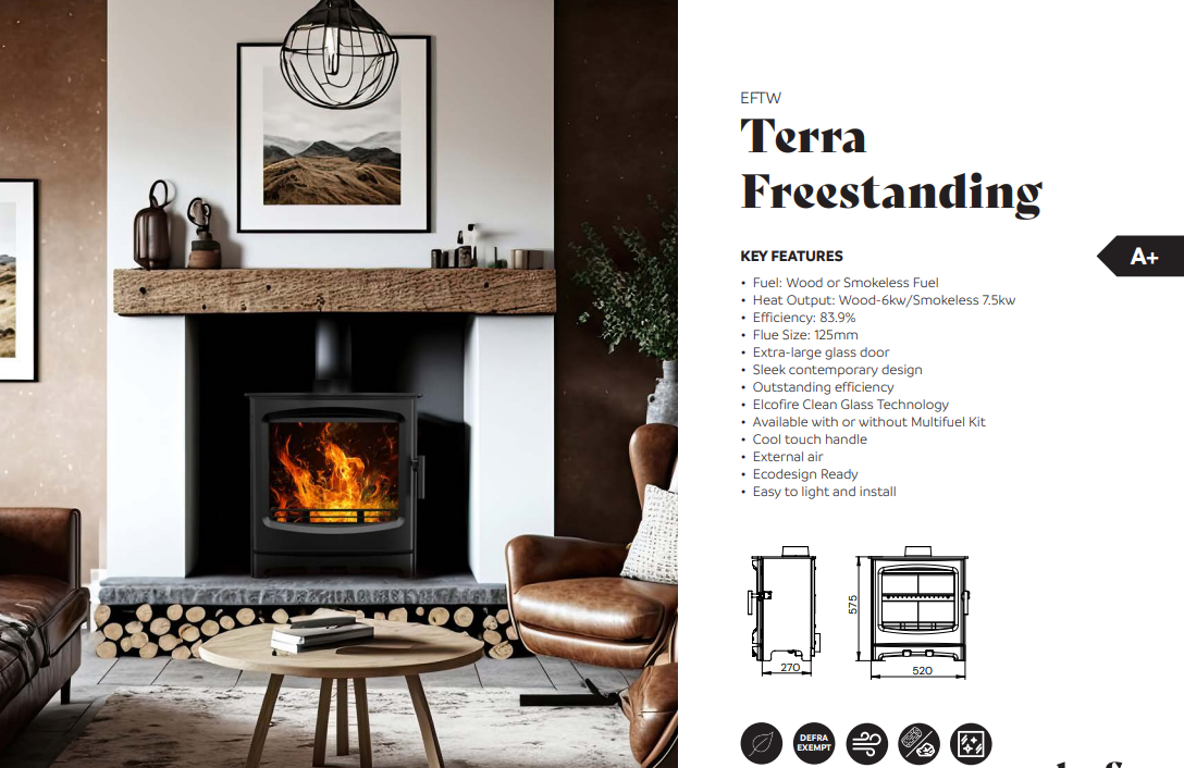 Terra Free Standing Stove wood or M,ulti Fuel with optional Log Store