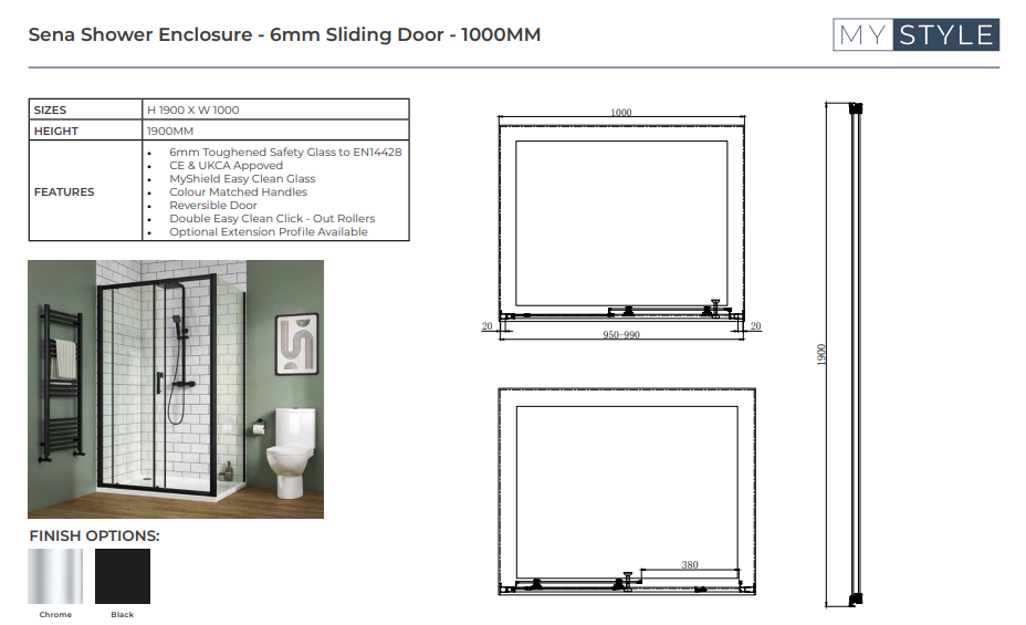 Sena 6mm Sliding Door - Choice of Size - Choice of Colour