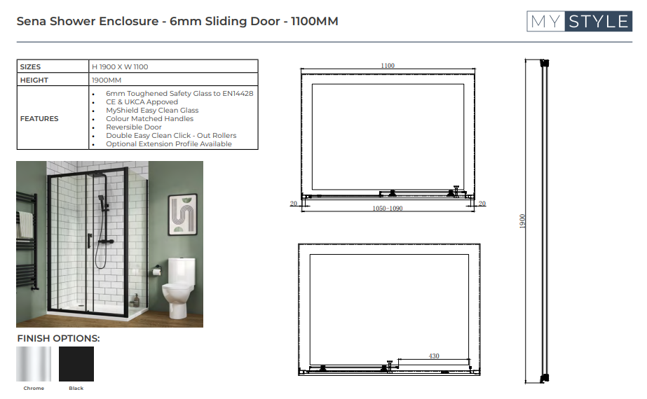 Sena 6mm Sliding Door - Choice of Size - Choice of Colour