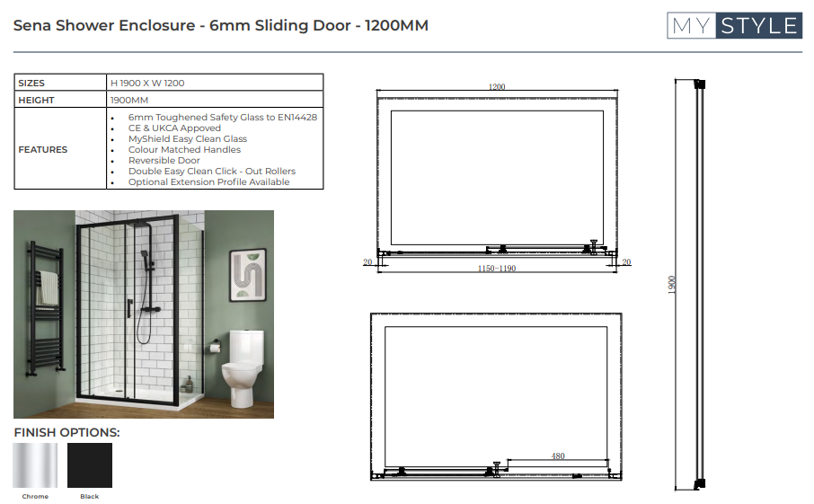 Sena 6mm Sliding Door - Choice of Size - Choice of Colour