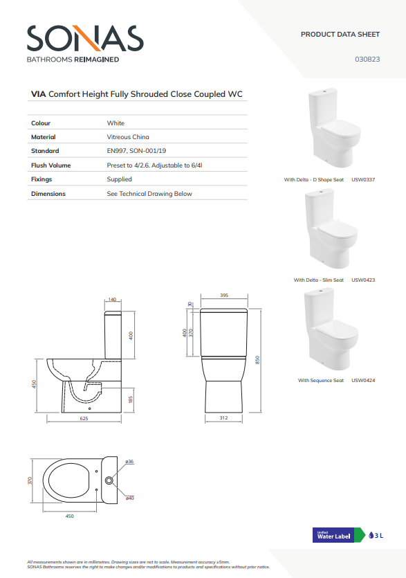 VIA Fully Shrouded Closed Coupled Rimless Pan & Delta Soft Close Seat - Choice of Height - Flush Button Upgrade Available