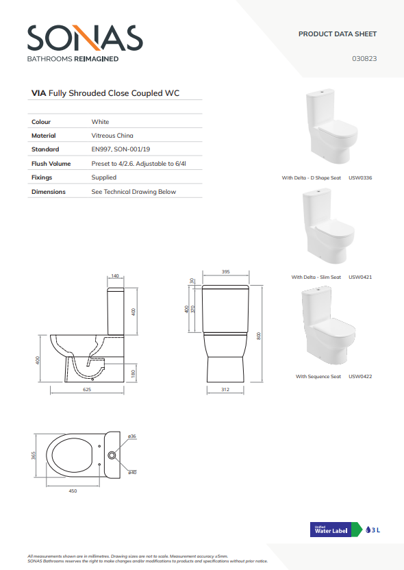 VIA Fully Shrouded Closed Coupled Rimless Pan & Delta Soft Close Seat - Choice of Height - Flush Button Upgrade Available
