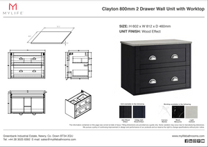 Clayton 2 Drawer Wall Unit Indigo Ash with Light Cement Worktop