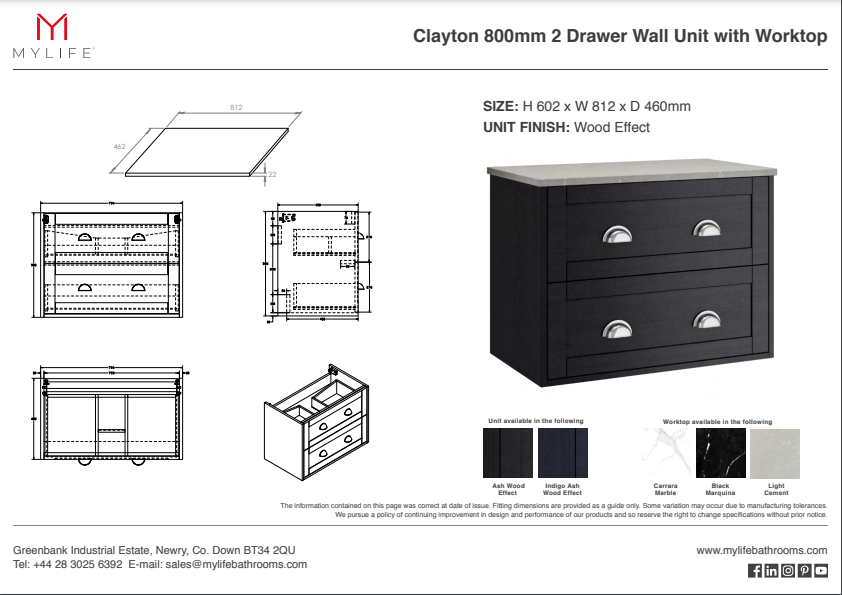 Clayton 2 Drawer Wall Unit Indigo Ash with Carrara Marble Worktop